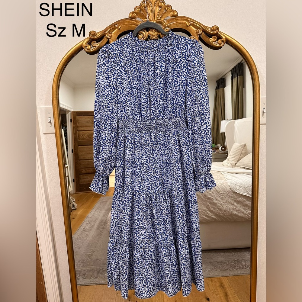 Women’s Blue Flower high neck tiered Dress Long sleeve